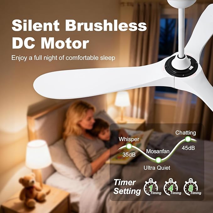 72 Inch Ceiling Fans with Lights and Remote, Wood Outdoor Ceiling Fan with 6 Speed Noiseless DC Motor, Indoor Modern 3 Blade Propeller Ceiling Fan for Bedroom Living Room Gazebo Patio (White)