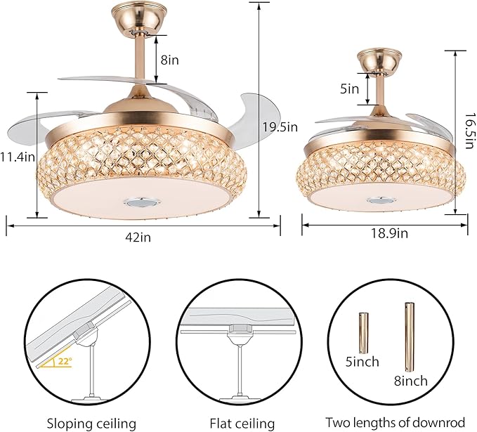 WWahuayuan 42 Inch Retractable Invisible Ceiling Fan with Light and Bluetooth Speaker, Modern Bluetooth Fan Chandelier with Remote Control 3 Color Change 36W LED