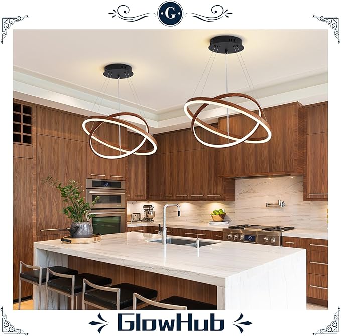 LED Chandelier for Dining Room 2 Ring LED Ceiling Hanging Light Adjustable Dimmable with Remote Modern Farmhouse Circular Wood Painted Round Pendant Light for Entryway, Bedroom, Office