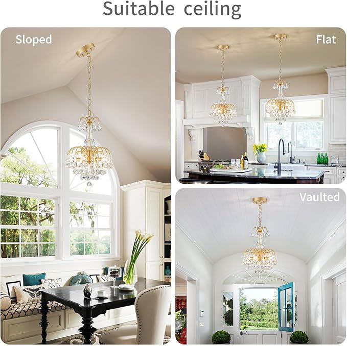 WUZUPS Crystal Chandelier Pendant Flushmount Ceiling Light Modern Lighting Fixture for Bedroom Hallway Bar Kitchen Bathroom, H 14.4" x W 11.8", Gold, E12 Base