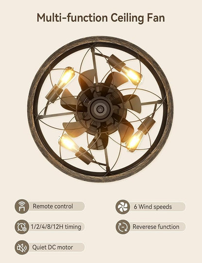 20" Caged Ceiling Fans with Lights and Remote, Flush Mount Low Profile Rustic Small Fandelier, Enclosed Indoor Ceiling Fan for Bedroom Kitchen Farmhouse, 6 Speed, Quiet DC Motor, Timer, Black Gold