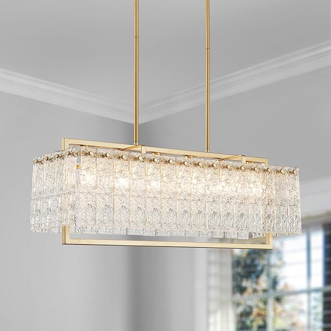 Shrine Lighting Gold Chandeliers, Modern Design, Rectangular Glass Chandelier for Living Space, L30'' × W10'' × H12'', Adjustable 78'', 6 x E12 Sockets, Glass LampShade & Brass Finish Frame