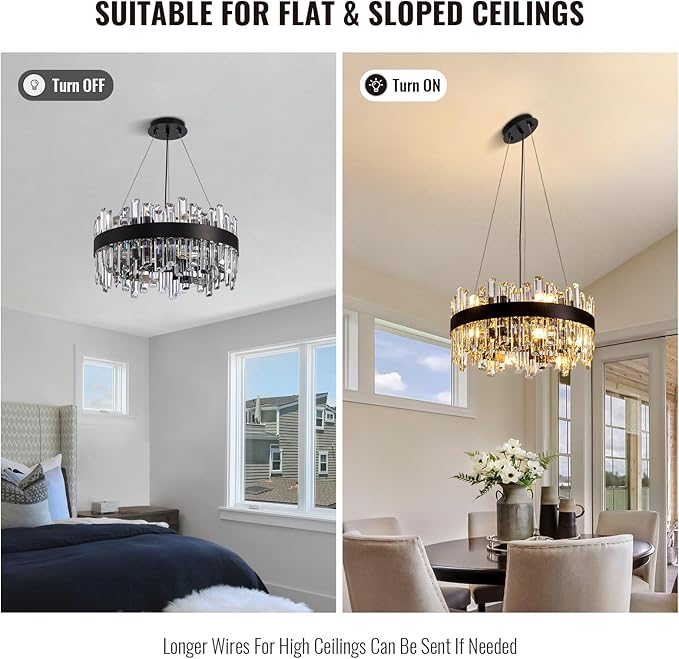 Siljoy Black Crystal Chandelier for Dining Room, Modern 2-Tiers K9 Crystal Raindrop Chandelier 12 Lights Farmhouse Pendant Ceiling Light for Living Room Kitchen Island Entry Foyer D19.7''