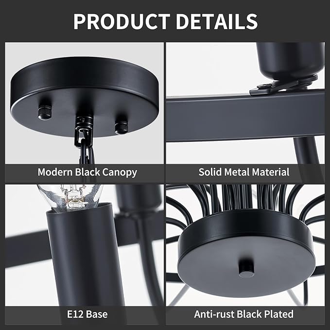 47.2" Large Black Chandelier 24 Light Rustic Industrial Candle Chandeliers Modern Farmhouse Vintage Wagon Wheel Chandelier for Dining Room, Kitchen Island, Hallway, Living Room, Foyer, E12