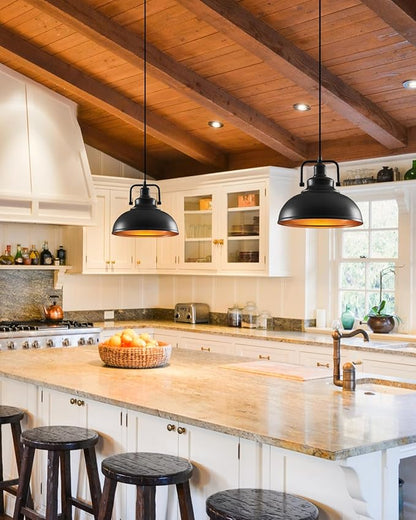Black Pendant Lights Farmhouse Pendant Light Fixture 11.5in 2 Pack, Adjustable Height, Vintage Pendant Lights for Kitchen Island, Dining Room Barn, Bar, Living Room