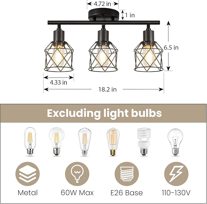 3-Lights Track Lighting, Adjustable Multi-Directional Ceiling Light Fixtures, Rotatable Farmhouse Light Fixtures Mount with Metal Cage for Dining Room, Living Room, Bedroom, E26 Base
