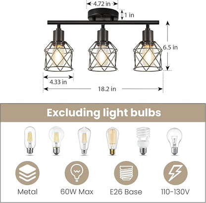 3-Lights Track Lighting, Adjustable Multi-Directional Ceiling Light Fixtures, Rotatable Farmhouse Light Fixtures Mount with Metal Cage for Dining Room, Living Room, Bedroom, E26 Base