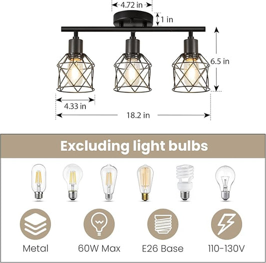 3-Lights Track Lighting, Adjustable Multi-Directional Ceiling Light Fixtures, Rotatable Farmhouse Light Fixtures Mount with Metal Cage for Dining Room, Living Room, Bedroom, E26 Base