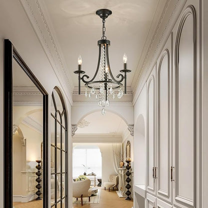 Small Crystal Chandelier, 3-Lights Modern Black Chandeliers for Dinning Room, Wagon Wheel Black Chandelier, Farmhouse Hanging Pendant Light Fixture for Bedroom Hallway Entryway Bar Kitchen Bathroom