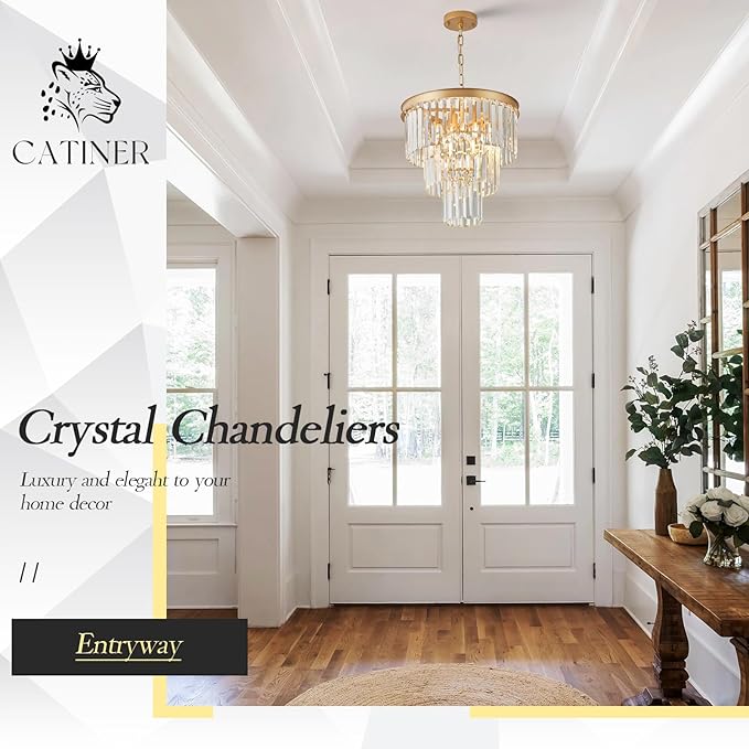 CATINER Gold Crystal Chandeliers 16" Modern 6-Light Small Pendant Light Luxury 3 Tiers K9 Crystal Ceiling Pendant Round Light Fixture for Dining Room Entryway Kitchen Bedroom Closet
