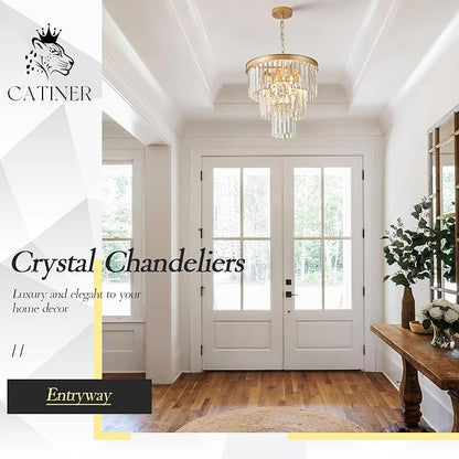 CATINER Gold Crystal Chandeliers 16" Modern 6-Light Small Pendant Light Luxury 3 Tiers K9 Crystal Ceiling Pendant Round Light Fixture for Dining Room Entryway Kitchen Bedroom Closet