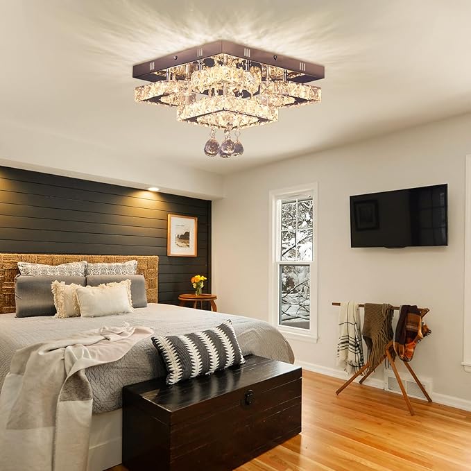 11.8" Modern Crystal Chandelier LED Ceiling Light Fixture Suitable for Kitchen Corridor Hallway Bedroom Bathroom Dining Room 4 Petals/Raindrop Ball Square Wall Switch （Warm Light）