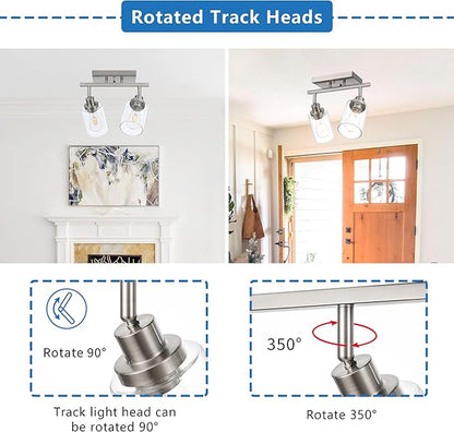 MELUCEE 2 Light Rotatable Track Lighting Kit Spotlight Semi Flush Mount Ceiling Light, Brushed Nickel Bathroom Lights Wall Scone for Hallway Porch Foyer Bath Storage, Clear Glass Shade