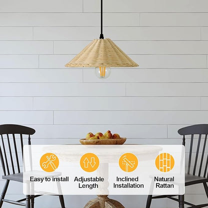 Hard Wired Rattan Pendant Lights Set of 2,Farmhouse Coastal Woven Wicker Ceiling Light with 10.65” Cone Shade, Boho Wired Mounted Hanging Chandelier for Bedroom Dining Room Kitchen Island