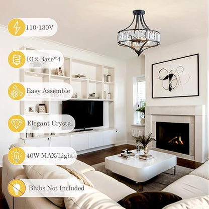 Crystal Black Ceiling Light Fixture, Modern Industrial Chandelier Semi Flush Ceiling Light for Dining Room Living Room Bedroom Hallway, Round Kitchen Lighting Fixtures Ceiling, 4 Lights