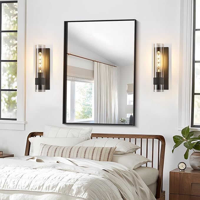 Black Wall Sconces Set of 2, Modern Bathroom Sconces Wall Lighting Vanity Light Fixtures with Clear Glass, Bathroom Sconces Set of 2, Indoor Wall Sconce for Bathroom Living Room Bedroom