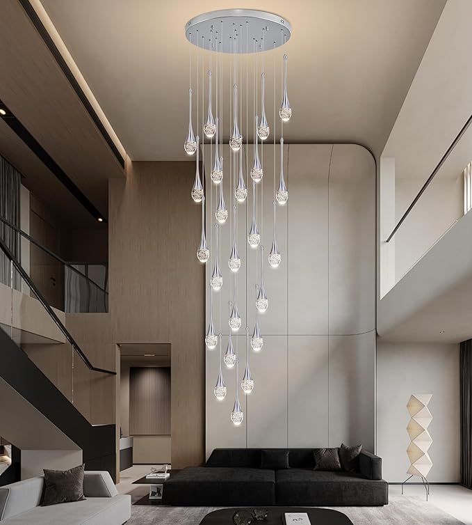 Modern Crystal Staircase Chandelier Polished Chrome 24-Lights, H138'' Large High Ceiling Spiral Dimmable LED Raindrop Foyer Entryway Light Fixture Remote Control