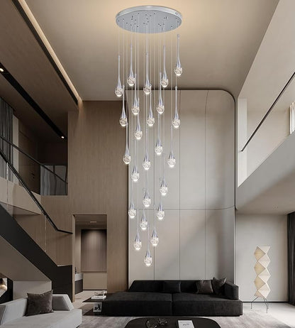 Modern Crystal Staircase Chandelier Polished Chrome 24-Lights, H138'' Large High Ceiling Spiral Dimmable LED Raindrop Foyer Entryway Light Fixture Remote Control