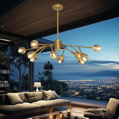 Depuley Chandelier Ceiling Light Fixture: 12-Light Modern Sputnik Chandelier for Dining Room - Height Adjustable Mid Century Gold Crystal Chandelier for Bedroom Living Room (Included G9 Bulbs)