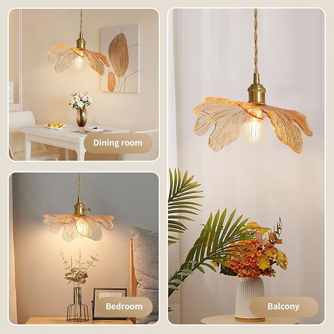 Amber Glass Pendant Lights for Dining Table Mid Century Flower Pendant Lamp with Blown Shade Vintage Gold Brass Adjustable Hanging Light for Kitchen Cabinets Bedroom entryway