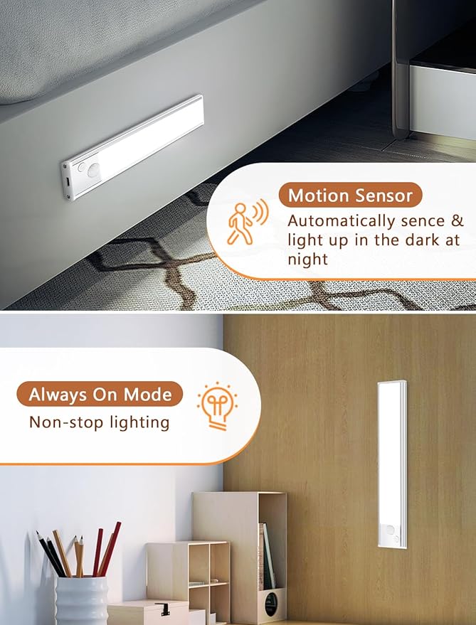 Under Cabinet Rechargeable Lighting: Motion Sensor Dimmable Lights Indoor - Battery Operated Lights - Wireless Activated Closet Light Magnetic Led Light for Kitchen Home Bathroom Counter Shelf