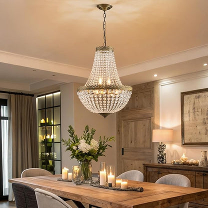 6 Lights French Empire Crystal Chandelier Farmhouse Pendant Lighting, Antique Brass Ceiling Light Fixture for Dining Room Bedroom Foyer Living Room, W18.5 x H25.6