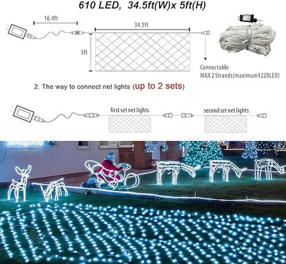 Pooqla 610 LED Christmas Net Lights, 34.5x5ft Outdoor Mesh Lighting, 8 Modes Waterproof Connectable Twinkle Strings for Bushes Yard Decor, Cool White