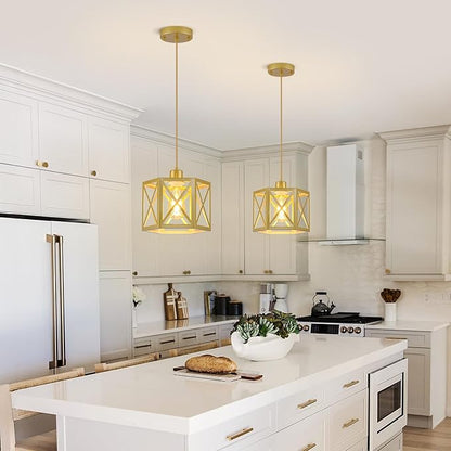 XSDeTu 2 Pack Gold Pendant Lights, Modern Farmhouse Hanging Light Fixture with Hexagonal Cage, Vintage Brass Metal Ceiling Lights, Adjustable Lantern Pendant Lighting for Kitchen Island Sink Hallway