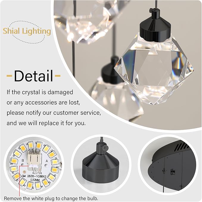 Crystal Pendant Light for Kitchen Island,Black Chandelier Lights Fixture, Hanging Lighting Ceiling Light Fixture Modern Adjustable Pendant Lighting for Dining Room Bedroom