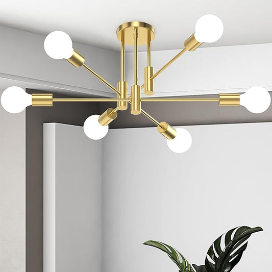 6-Light Sputnik Chandelier Gold, Mid-Century Modern Ceiling Light Fixture for Dining Room, Kitchen, Living Room, Bedroom