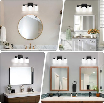 FonmYim Black Bathroom Light Fixtures, 3-Light Modern Vanity Light Over Mirror, Wall Sconces with Milky White Frosted Glass Shades, E26 Socket (Bulbs Not Included)