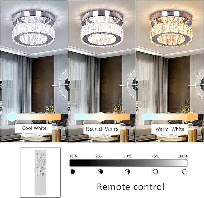 7.8" Crystal Chandelier Modern LED Mini Flush Mount Ceiling Light Fixtures Dimmable with Remote K9 Crystal Round Small Chandeliers for Hallway Bedroom Kitchen