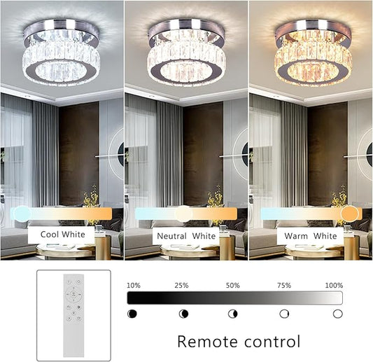 7.8" Crystal Chandelier Modern LED Mini Flush Mount Ceiling Light Fixtures Dimmable with Remote K9 Crystal Round Small Chandeliers for Hallway Bedroom Kitchen