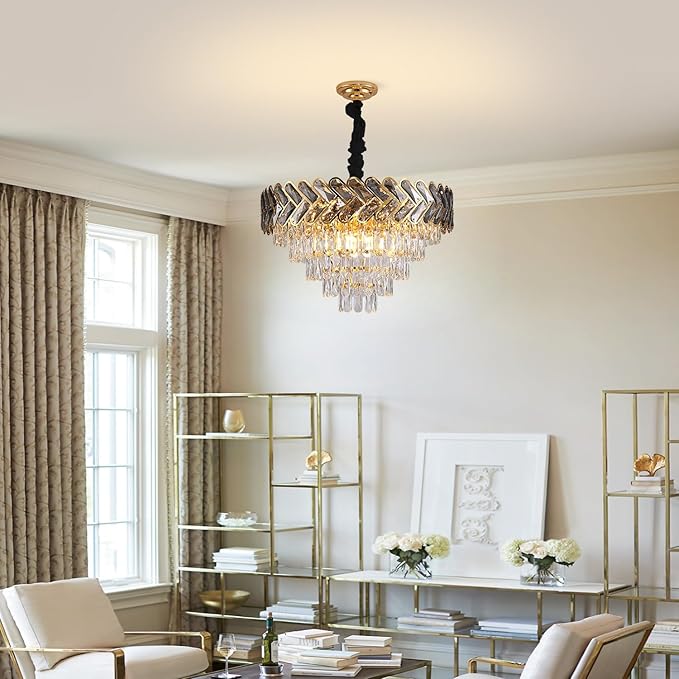 Modern Crystal Chandelier Gold,24" Round Crystals Chandeliers for Dining Room Top K9 Adjustable Ceiling Light Fixture 5-Tier Crystal Pendant Lamp 9-Light for Living Room Foyer Staircase