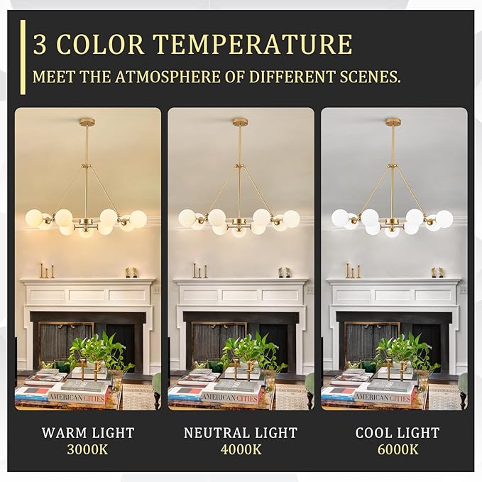 CATINER Modern Gold Sputnik Chandeliers L40”9-Lights Mid Century Ceiling Pendant Lighting Fixtures with Milk Glass Globe Shades for Foyer Entryway Kitchen Bedroom Living Dining Room