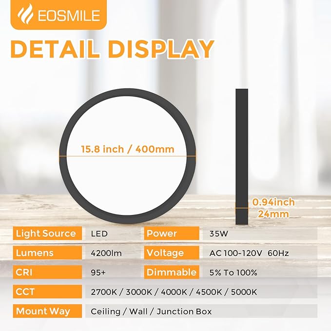 15.8 Inch LED Flush Mount Ceiling Light, 35W, 4200LM, CRI 95+, 2700K-5000K 5Color Selectable & Dimmable, Black Thin Flat Surface Mount Lights for Bedroom, Living Room, Dining Room, Garage