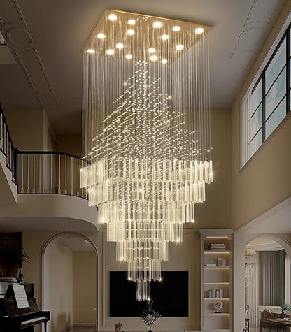 HAIXIANG W40 x H120 Glam Chandelier with LED Bulbs Square Chandeliers, Crystal Raindrop High Ceiling Pendant Light for Entrance Large Villa Foyer Lighting Fixtures Gold