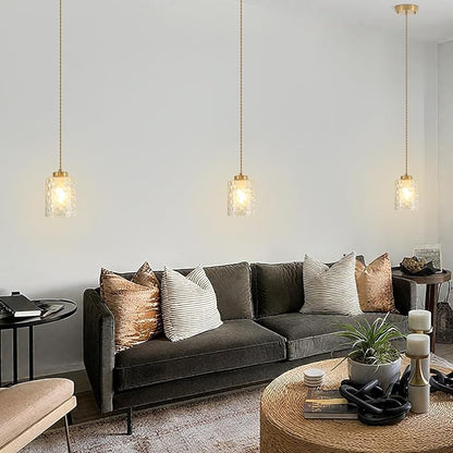 MWZ Gold Pendant Lights Kitchen Island 3 Pack, Modern Hanging Kitchen Pendant Lighting Over Sink with Hammered Glass Shade,Small Chandeliers Fixtures Adjustable Cord Hanging Lighting for Dining Room