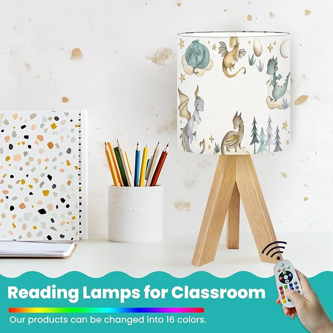 Tripod Bedside Desk Table Lamp Dragon Baby Animals Watercolor Wood Nightstand Lamp with Linen Fabric Shade for Nursery Bedroom Living Room Kids Room