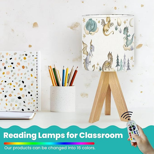 Tripod Bedside Desk Table Lamp Dragon Baby Animals Watercolor Wood Nightstand Lamp with Linen Fabric Shade for Nursery Bedroom Living Room Kids Room