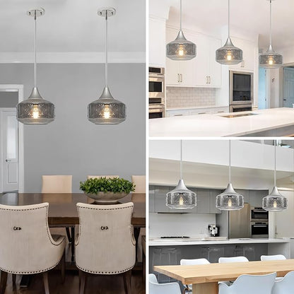 Modern Chrome Pendant Lights Kitchen Island, 9 Inch Smoke Grey Glass Pendant Light with Adjustable Hanging Rod, E26 Socket, for Kitchen Island Lighting, Bathroom, Hallway & Entryway Home Decor