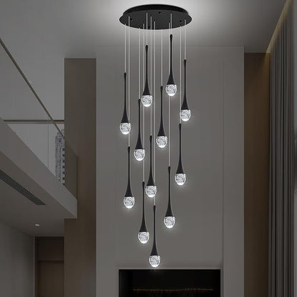 Modern Crystal Staircase Chandelier Black 12-Lights, H120'' Large High Ceiling Spiral Dimmable LED Raindrop Foyer Entryway Light Fixture Remote Control
