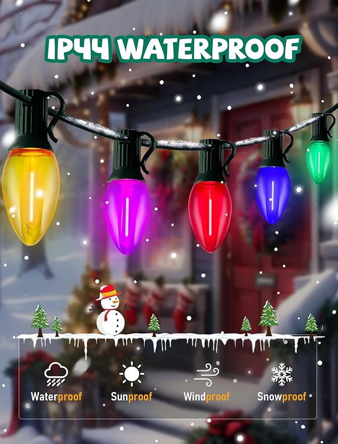 C7 LED Christmas Lights, 25Ft Vintage C7 Christmas Lights with 27 LED Clear Multicolor Bulbs, Hanging Connectable Xmas String Light for Patio Garden Holiday Home Xmas Decor