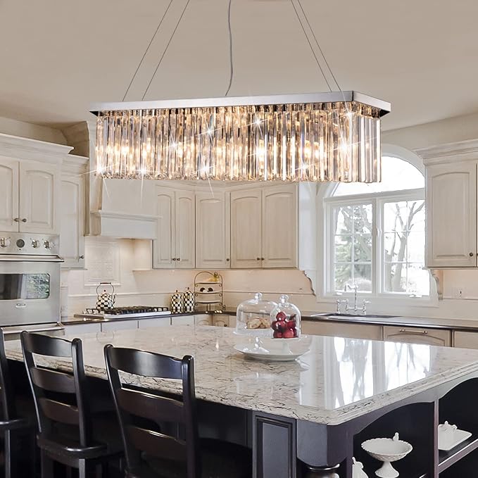 Modern Silver Rectangular Crystal Chandelier, Dining Room Chandeliers Over Table, Luxury Chrome Pendant Ceiling Light Fixtures for Kitchen Island, Living Room, Bar of CRYSTOP