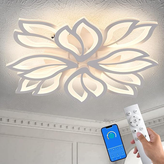 Modern LED Ceiling Light Fixture Dimmable, 28" White Modern Flower Ceiling Light with Remote Control, Low Profile Flush Mount for Bedroom, Kitchen, Living Room