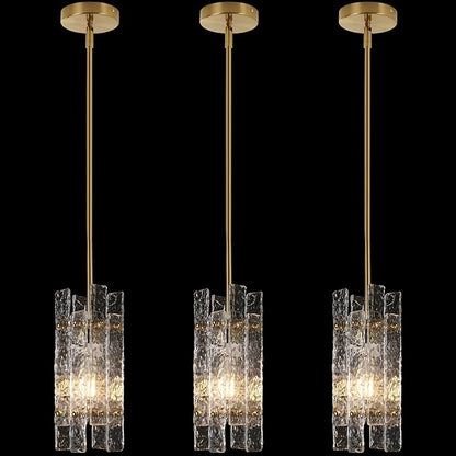 Modern Crystal Pendant Light for Kitchen Island, Gold Luxury Mini Water Ripple Glass Chandelier Lights Fixture, Modern square Adjustable Hanging Pendant Lighting for Dining Room Bedroom (3-Pack)