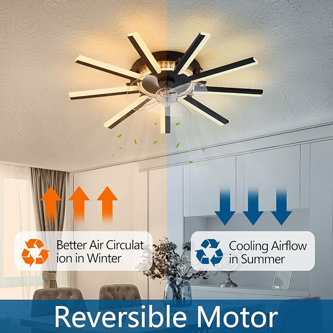 27" Black Straight Strip Ceiling Fan with Lights Remote Control, 3 Colors 6 Speeds Low Profile Ceiling Fan with Light for Kitchen Bedroom