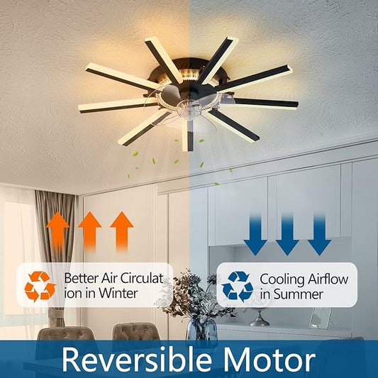 27" Black Straight Strip Ceiling Fan with Lights Remote Control, 3 Colors 6 Speeds Low Profile Ceiling Fan with Light for Kitchen Bedroom