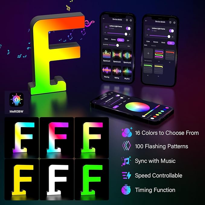 Light Up Letters Marquee Letter - Music Sync RGB Color Changing LED Lights Letter Logo Game Lights for Girls Women Party Birthday Christmas Valentine's Day Wall Desktop Decoration (MRGB-F)