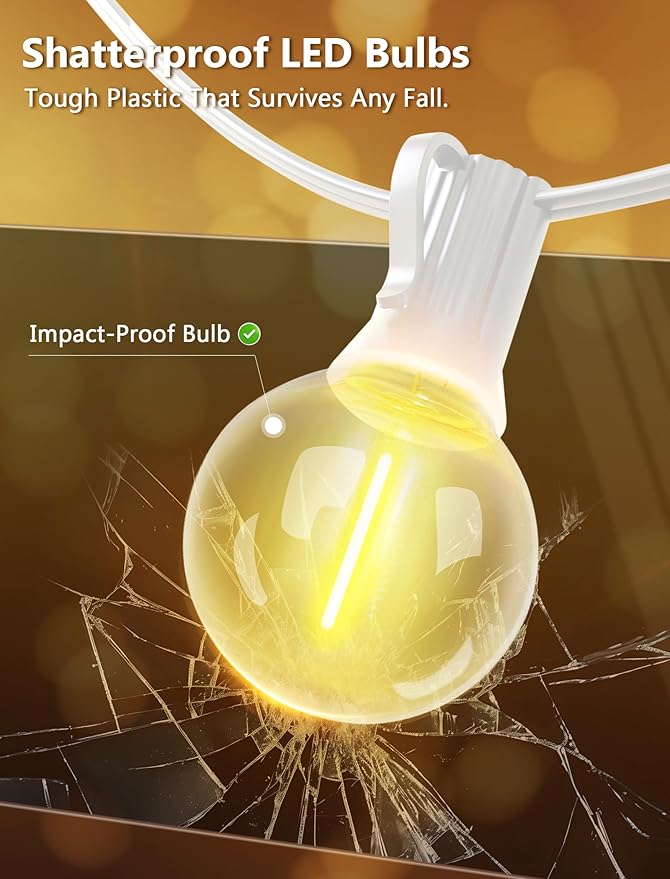 Outdoor String Lights - 100 Ft Waterproof Connectable Commercial LED Patio Lights with 50 G40 Shatterproof Bulbs, Hanging Globe Light for Outside Backyard Porch Party Decoration
